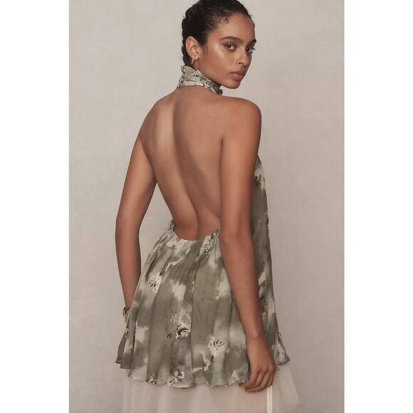 Anthropologie NWT Green Motif Halter Tank Top Size M Backless Flowy Blouse - Picture 2 of 12